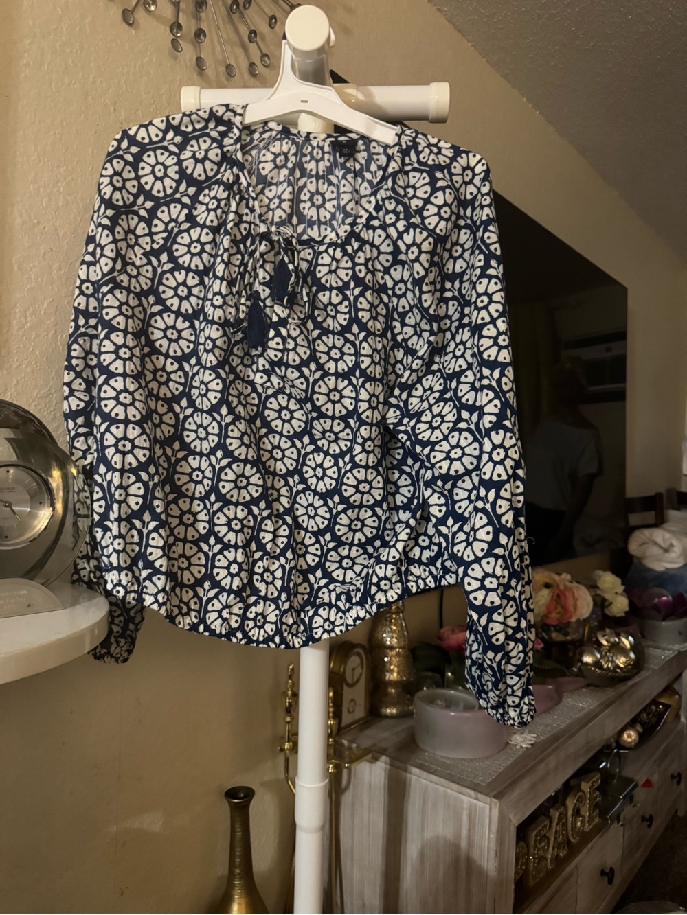 Womens Navy Blue Printed Peasant Blouse